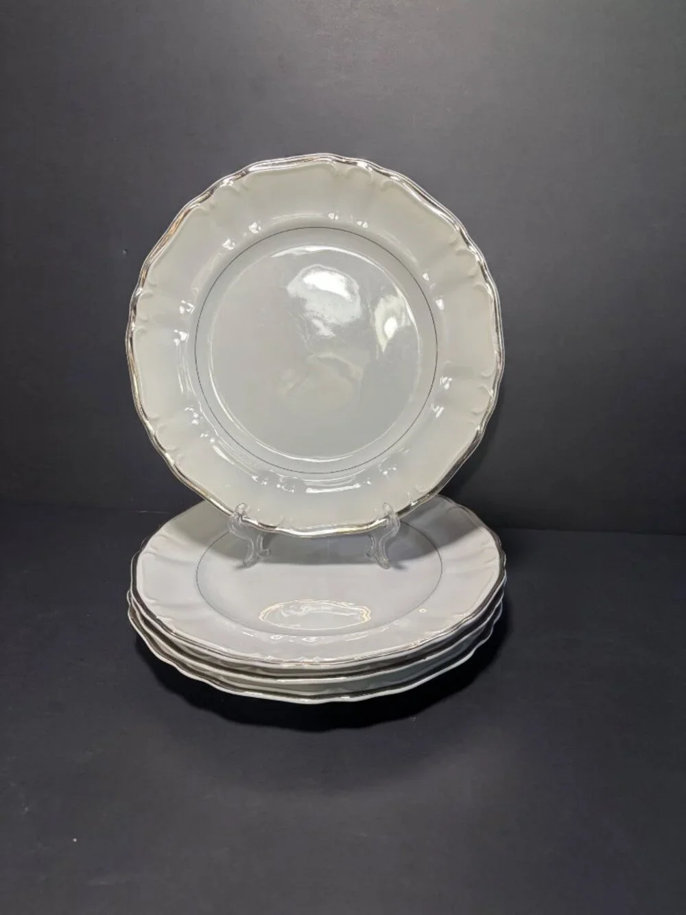 Harmony House Silver Sonata Set Of 4 Fine China Dinner Plates Japan Vintage 60s